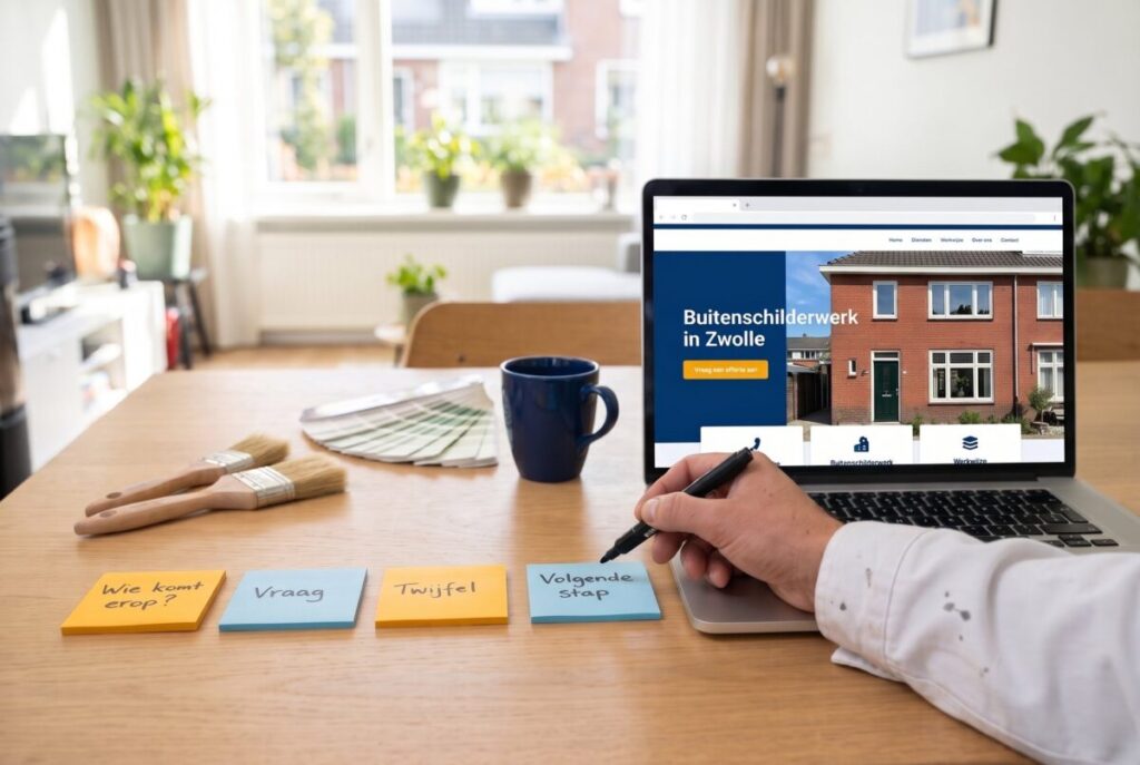 Schilder werkt aan de keukentafel aan de tekst van zijn website Buitenschilderwerk in Zwolle, met post-its: Wie komt erop?, Vraag, Twijfel en Volgende stap