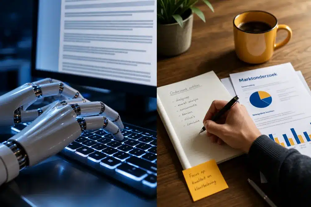 Splitscreen van een robothand en een mensenhand: AI en mens schrijven samen