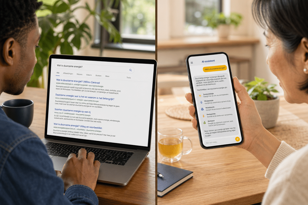 Klassieke zoekresultaten naast een AI-antwoord op laptop en telefoon