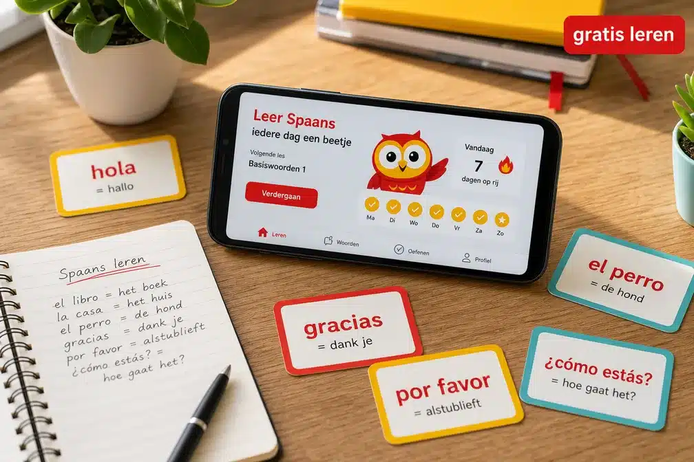 Taalapp op een telefoon met flashcards met Spaanse woorden ernaast