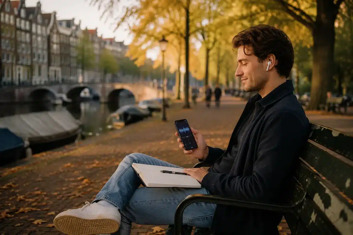 Man luistert onderweg naar een Spaanse podcast met oordopjes