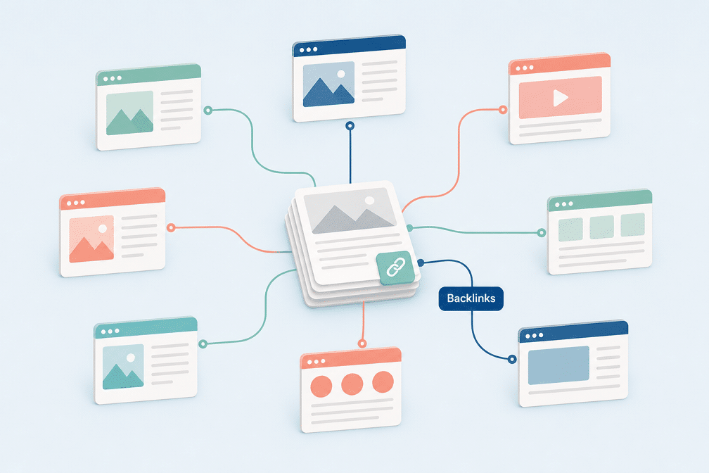 Laptopscherm met netwerk van backlinks tussen websites