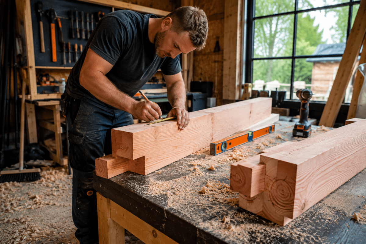 Timmerman zaagt douglas balken op maat voor een houten overkapping