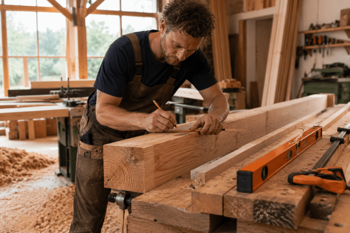 Timmerman meet en zaagt douglas balken in de werkplaats