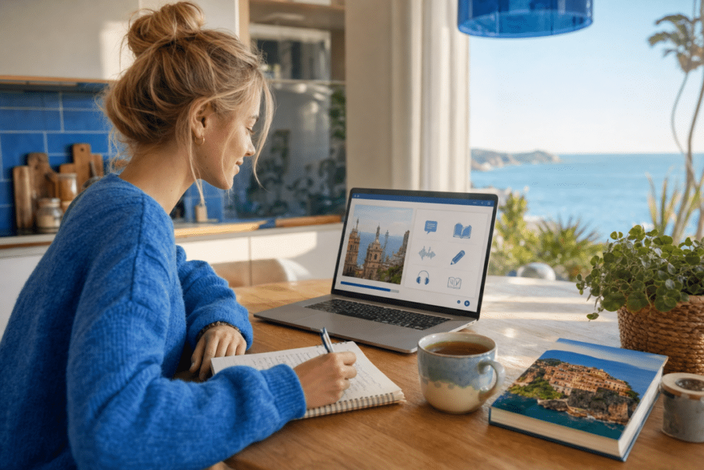 Online Spaans leren voor je vakantie met uitzicht op de Spaanse zee