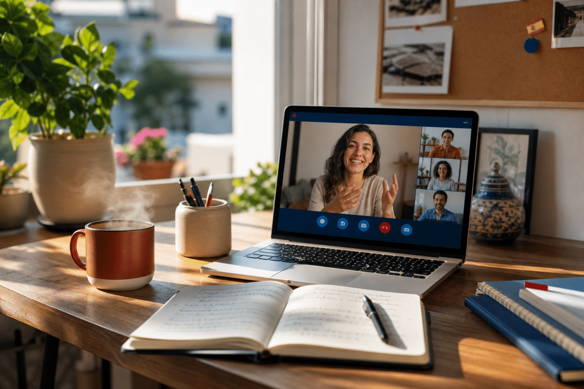 Thuiswerkplek voor online Spaans leren met laptop en notitieboek