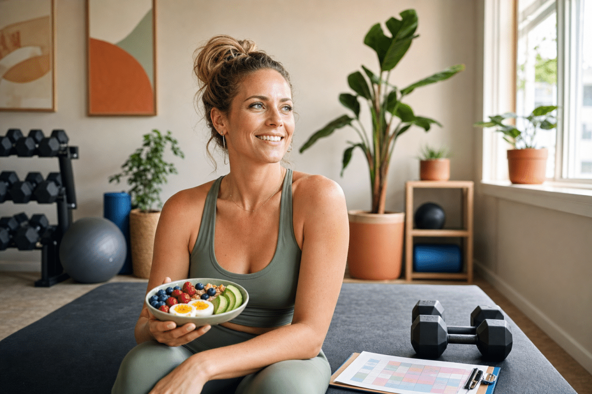 Vrouw rondt personal training af met gezonde voeding en trainingsschema