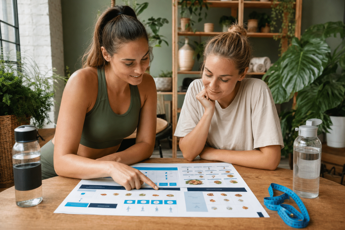 Personal trainer en cliënt bespreken samen het voedings- en trainingsschema