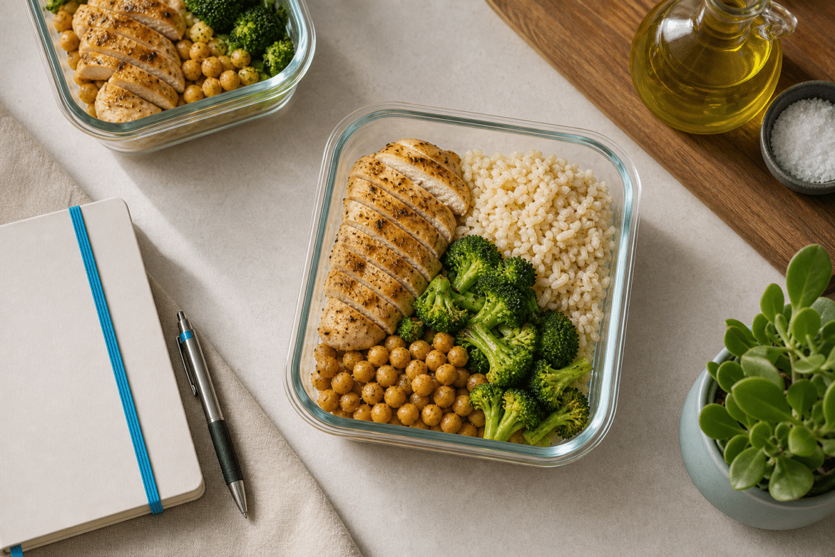 Gezonde meal prep in bakjes naast een notitieboek