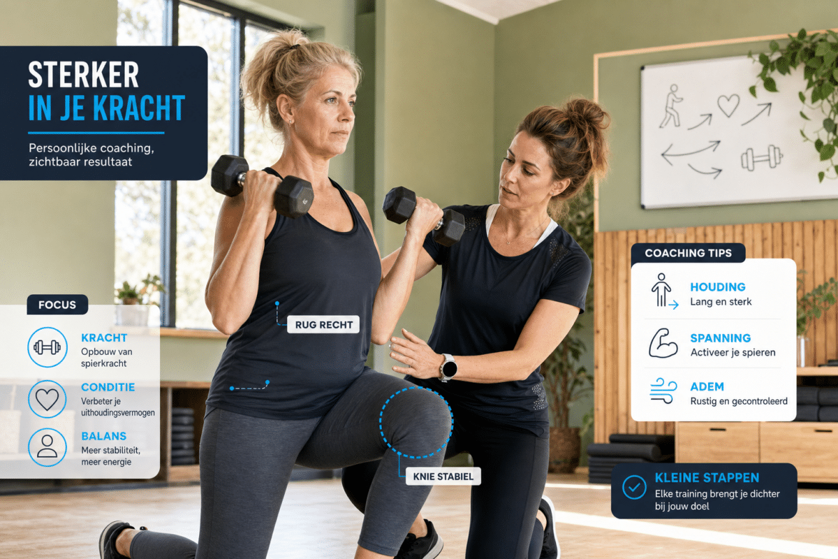 Personal trainer begeleidt vrouw bij een krachtoefening met dumbbells