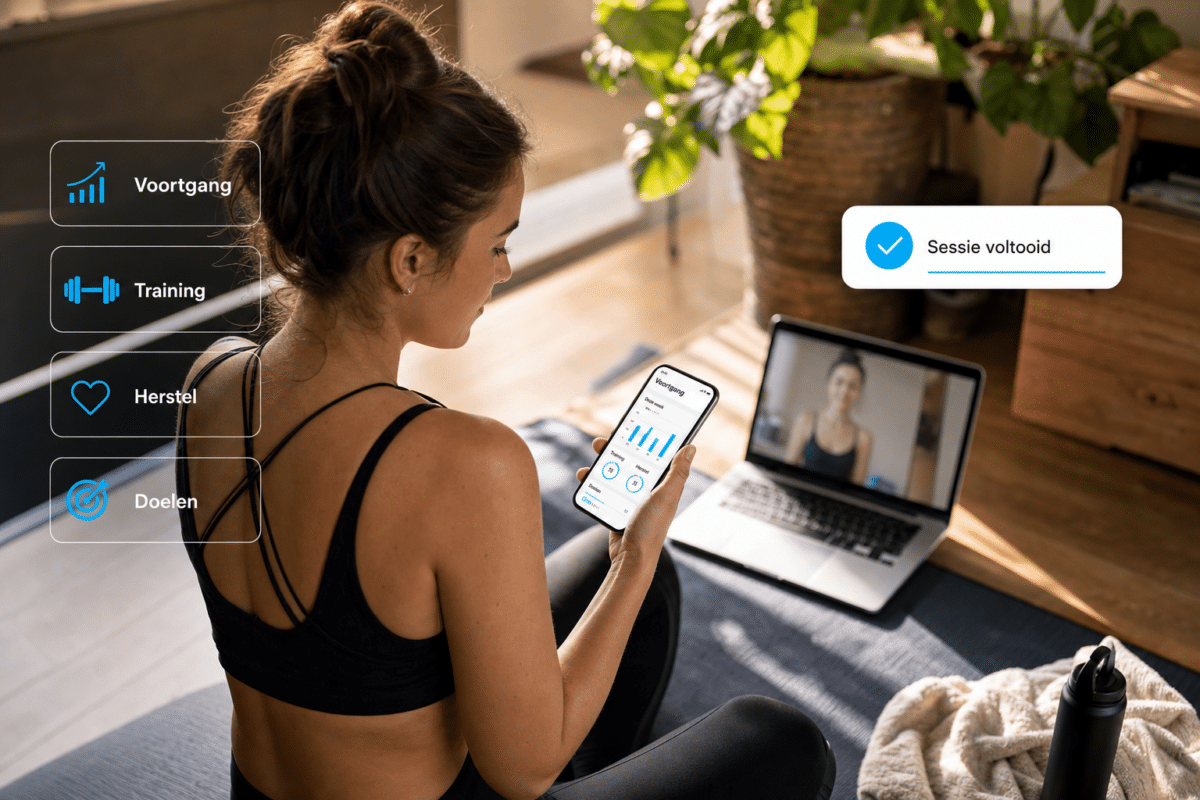 Vrouw bekijkt haar voortgang in de app na een online personal training