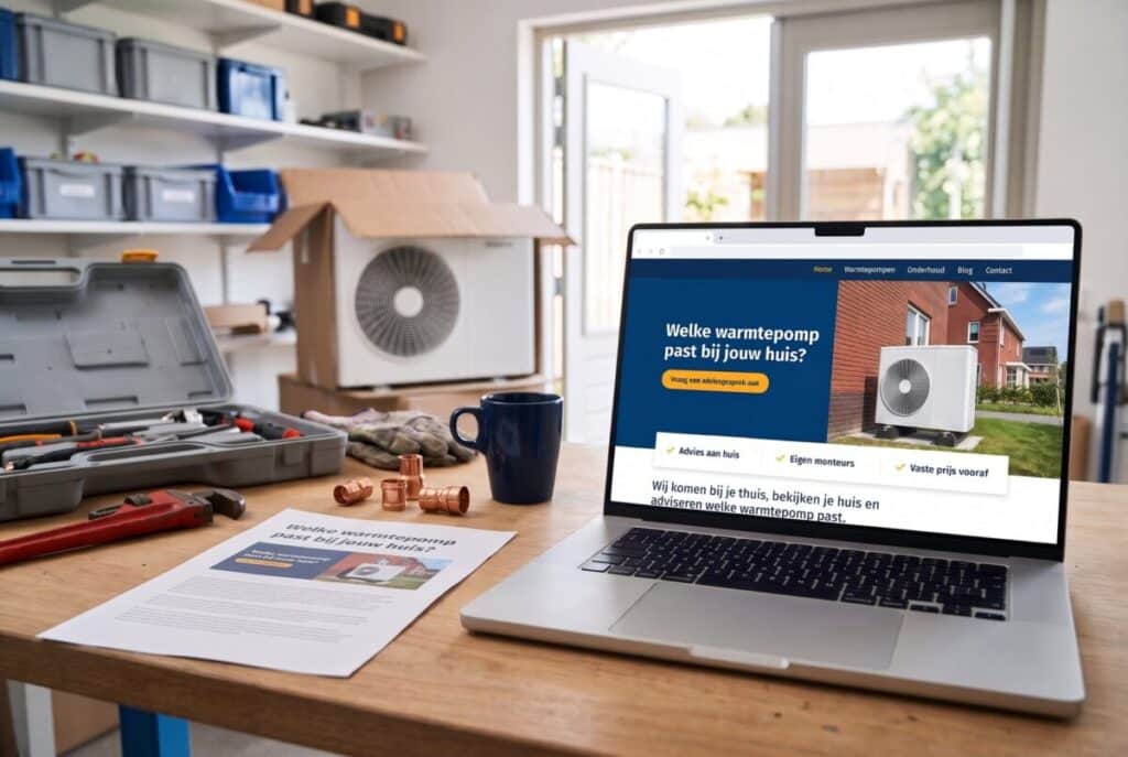 Laptop op de werkbank van een installateur met de afgewerkte webpagina Welke warmtepomp past bij jouw huis?, met dezelfde pagina geprint ernaast