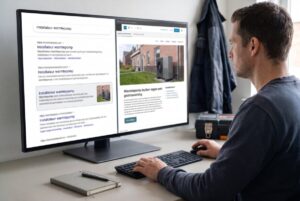 Installateur aan zijn bureau met links de zoekresultaten op installateur warmtepomp en rechts zijn eigen website met een warmtepomp, open om aan te passen