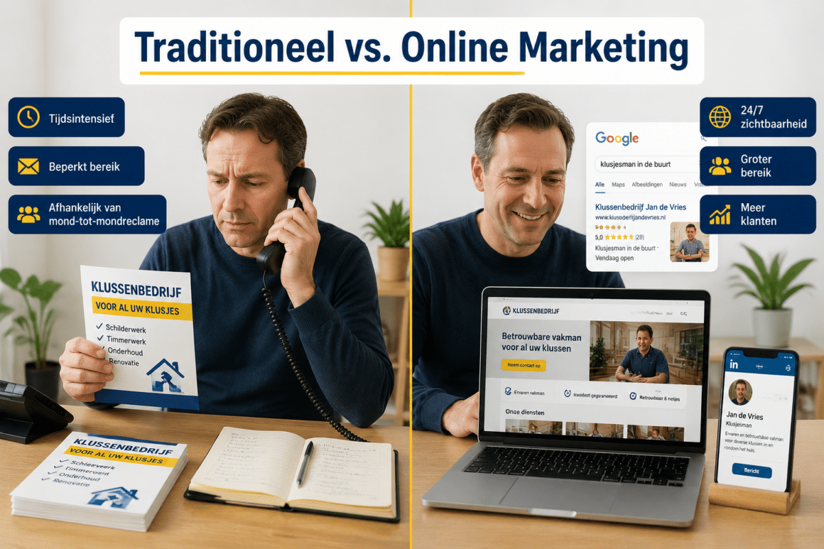 Split-screen van traditionele marketing versus online marketing voor zzp'ers