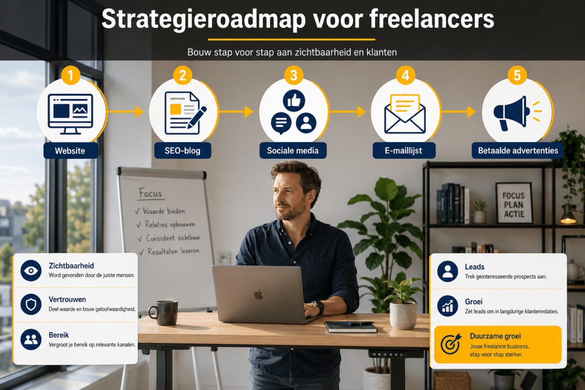 Infographic met de bouwstenen van een zzp-marketingstrategie: website, SEO-blog, social media, e-mail en advertenties