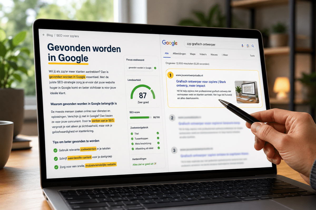 Close-up van een laptop met een SEO-blog en een Google-resultaat op positie één