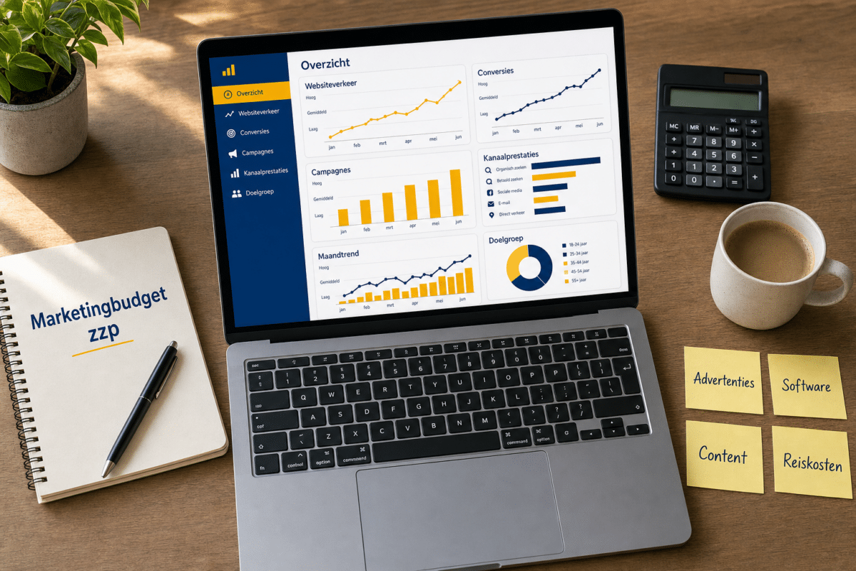 Flat-lay van een bureau met laptop, notitieboek en rekenmachine voor het marketingbudget van een zzp'er