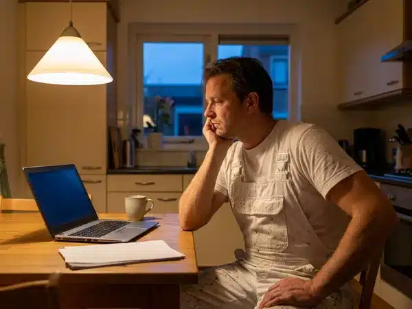 Zzp'er in werkkleding aan de keukentafel met laptop en papieren
