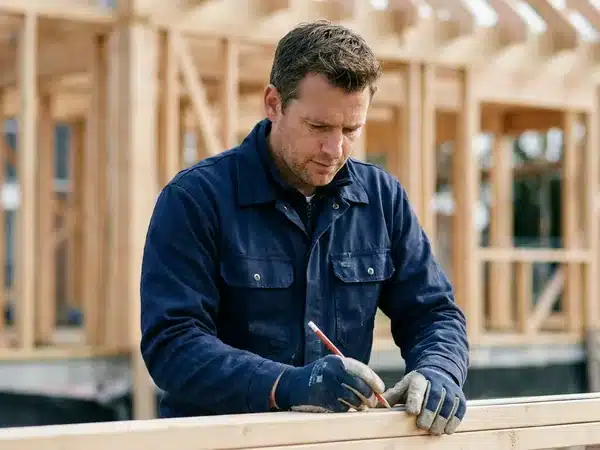 Timmerman tekent een balk af op de bouw