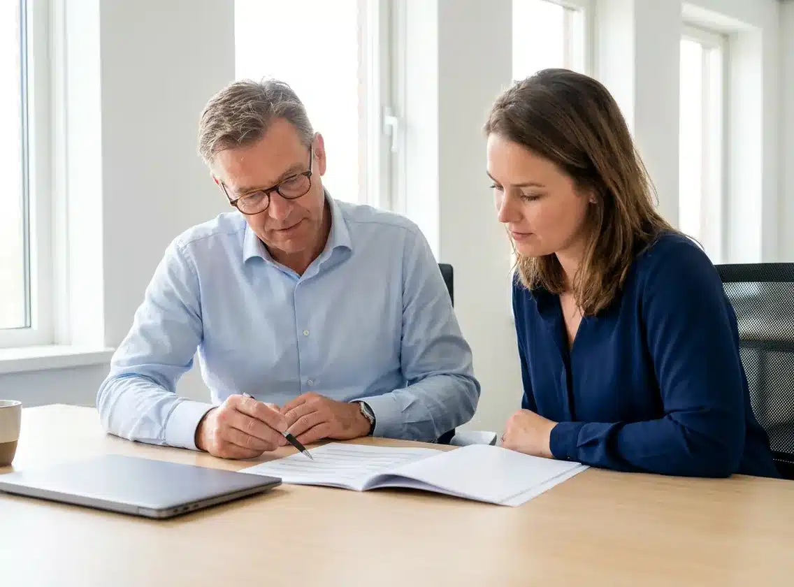 Twee collega's lezen een geprinte tekst na aan een bureau