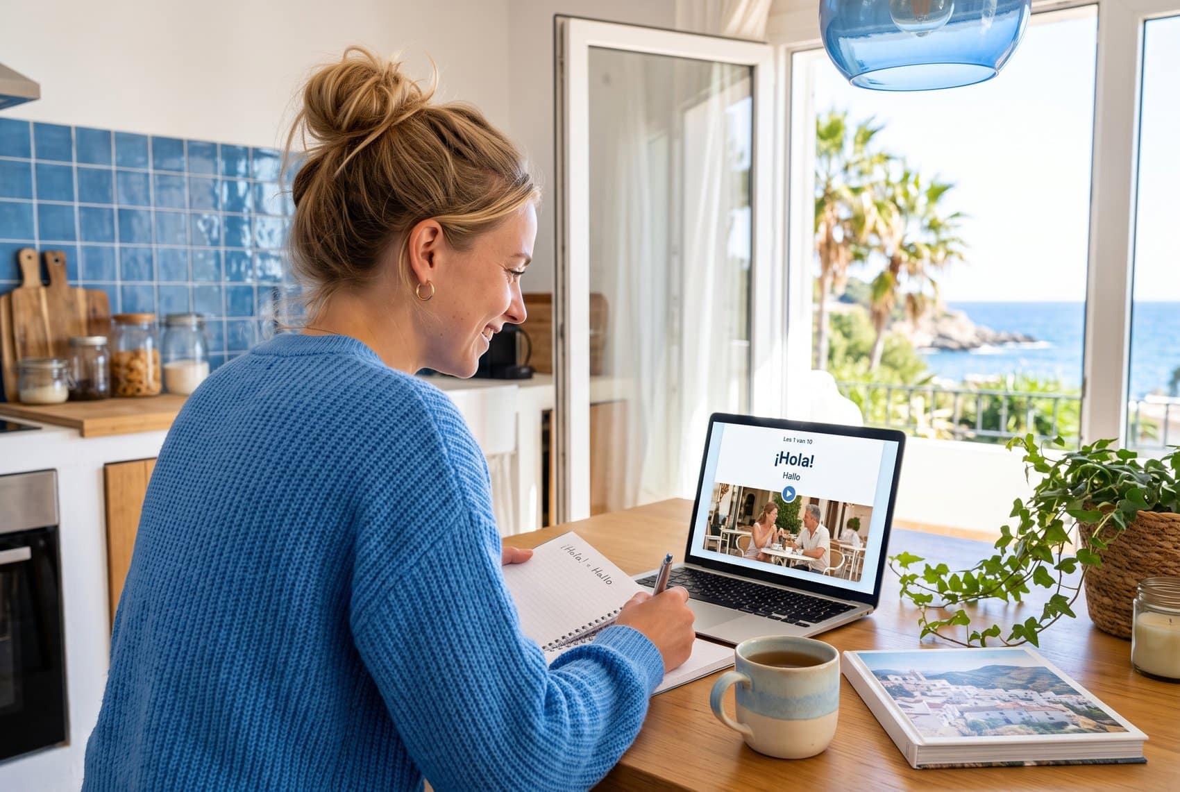 Vrouw aan de keukentafel volgt een Spaanse les op haar laptop en schrijft ¡Hola! = Hallo in haar schrift