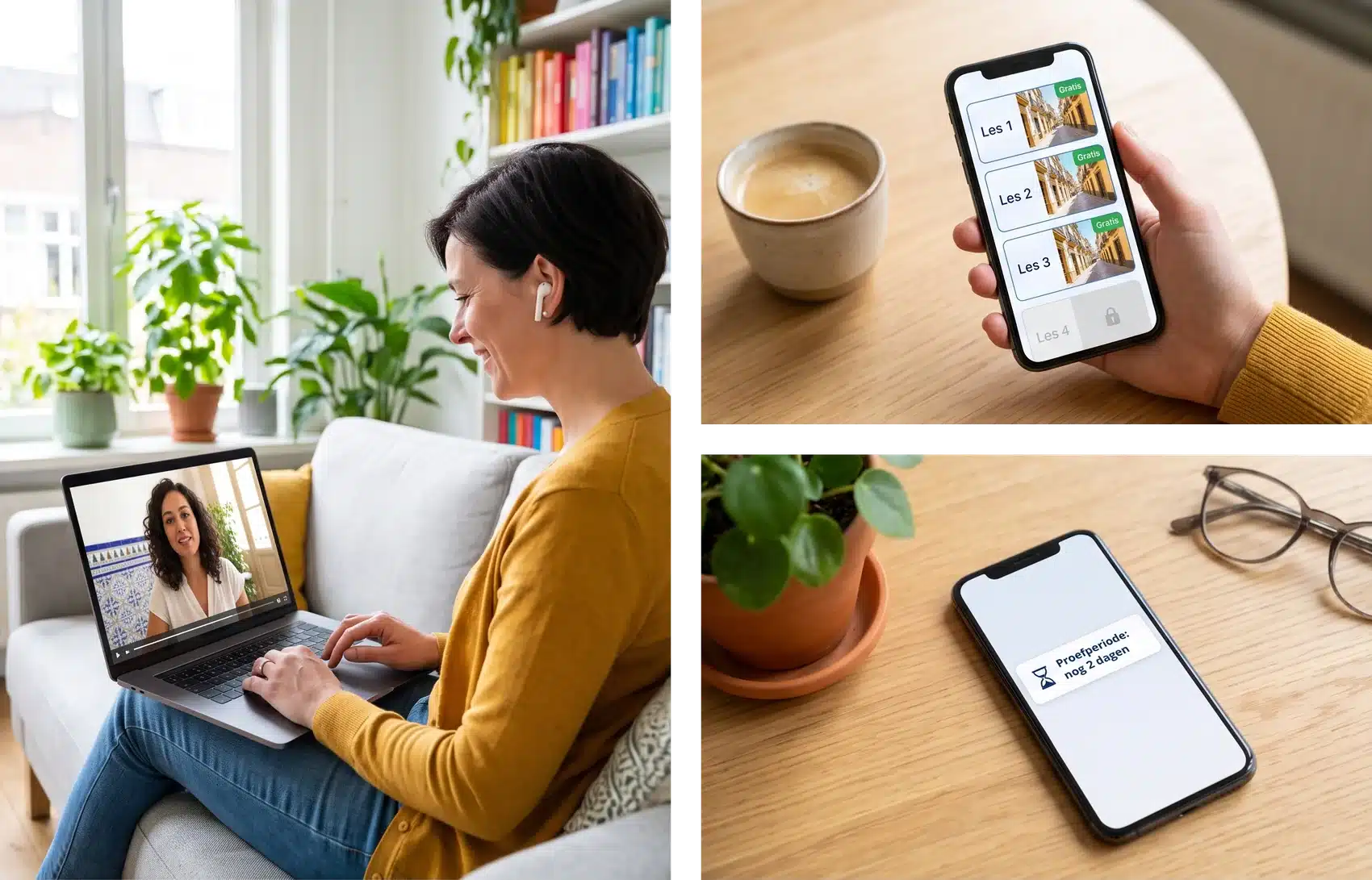 Drie soorten gratis: een gratis videoles Spaans op de laptop, een app met drie gratis lessen en een les op slot, en een melding dat de proefperiode bijna afloopt
