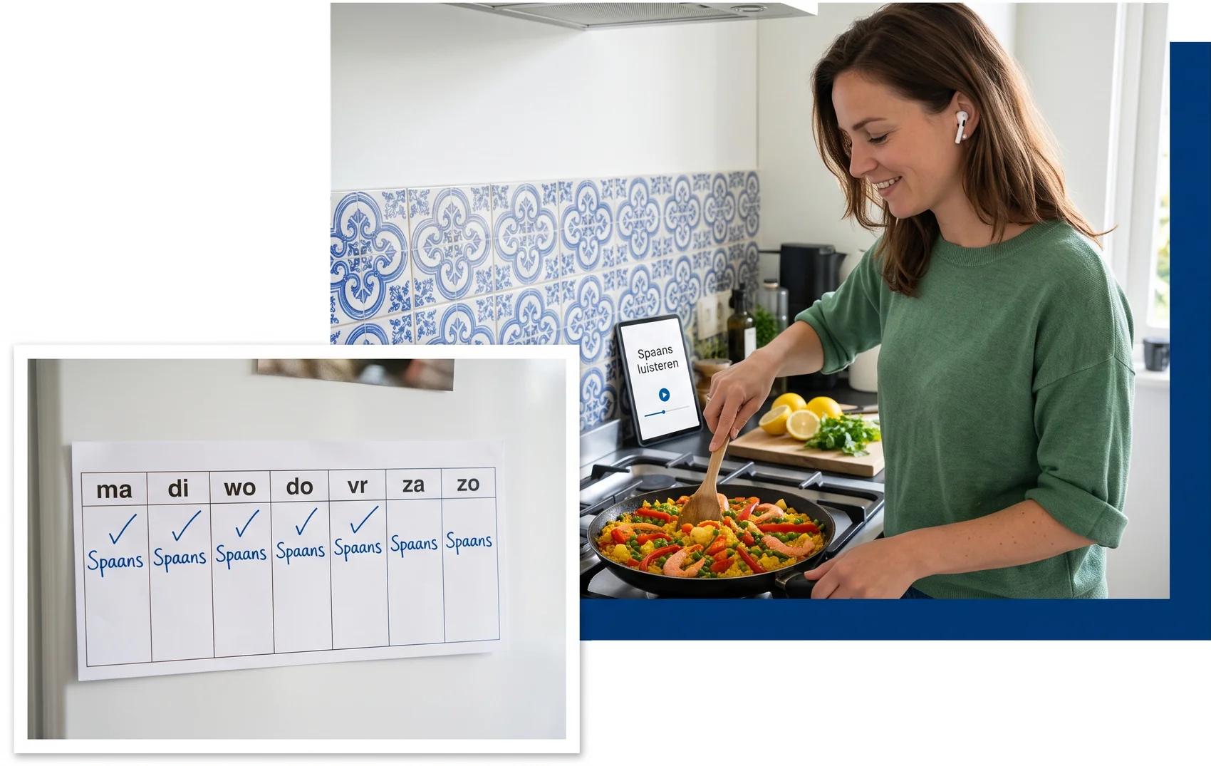 Vrouw kookt paella en luistert met oordopjes naar Spaans op haar telefoon, met een weekkalender waarop elke dag Spaans staat