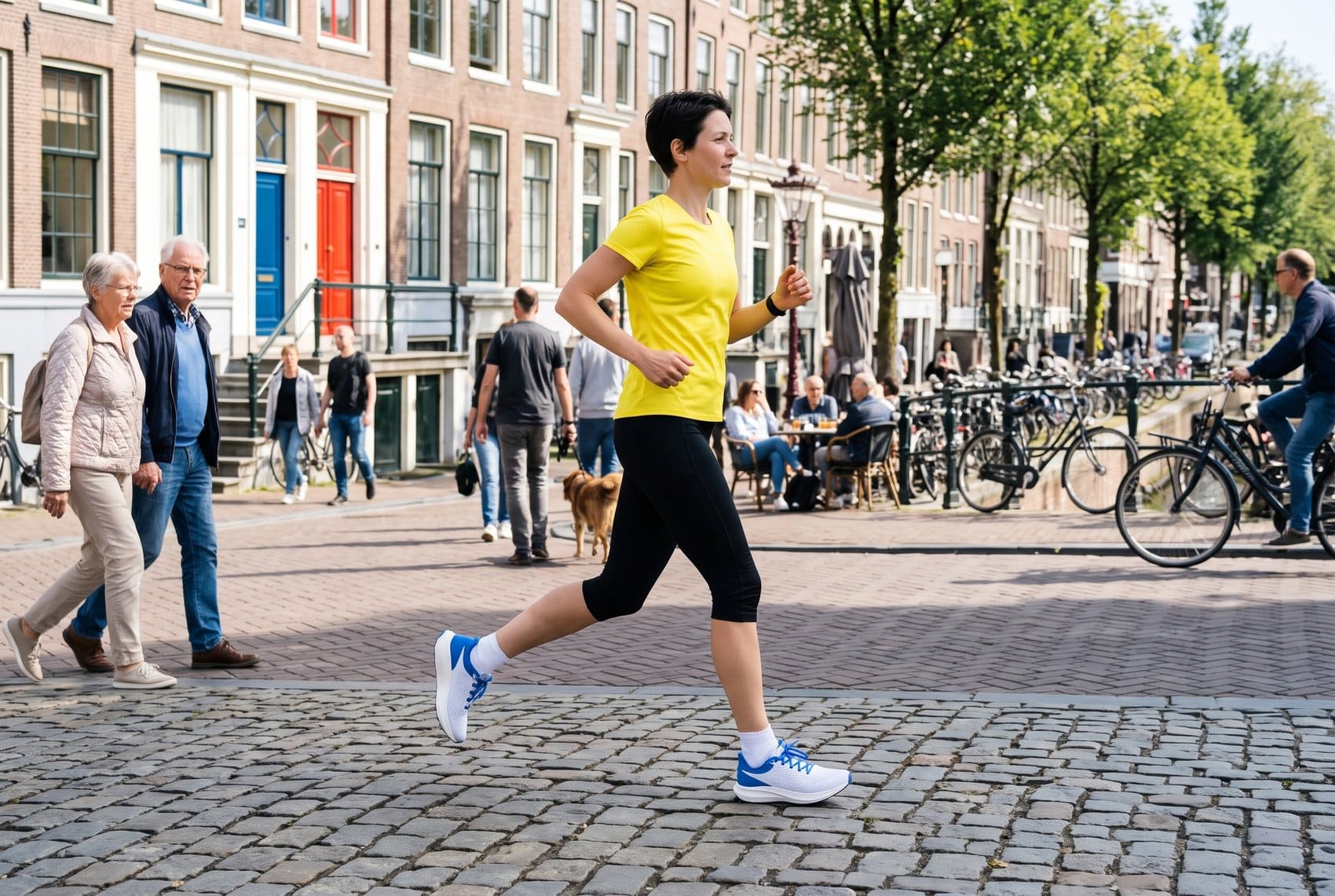 Hardloopster in de Nike Vomero Plus op een drukke kade langs een gracht, tussen wandelaars, een terras en een fietser