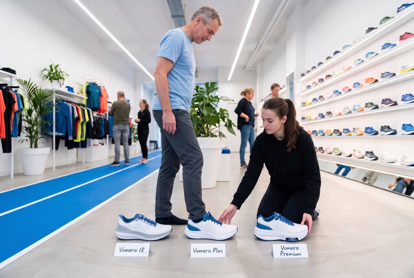 De Vomero 18, de Vomero Plus en de Vomero Premium naast elkaar in een hardloopwinkel, met een klant en een medewerker