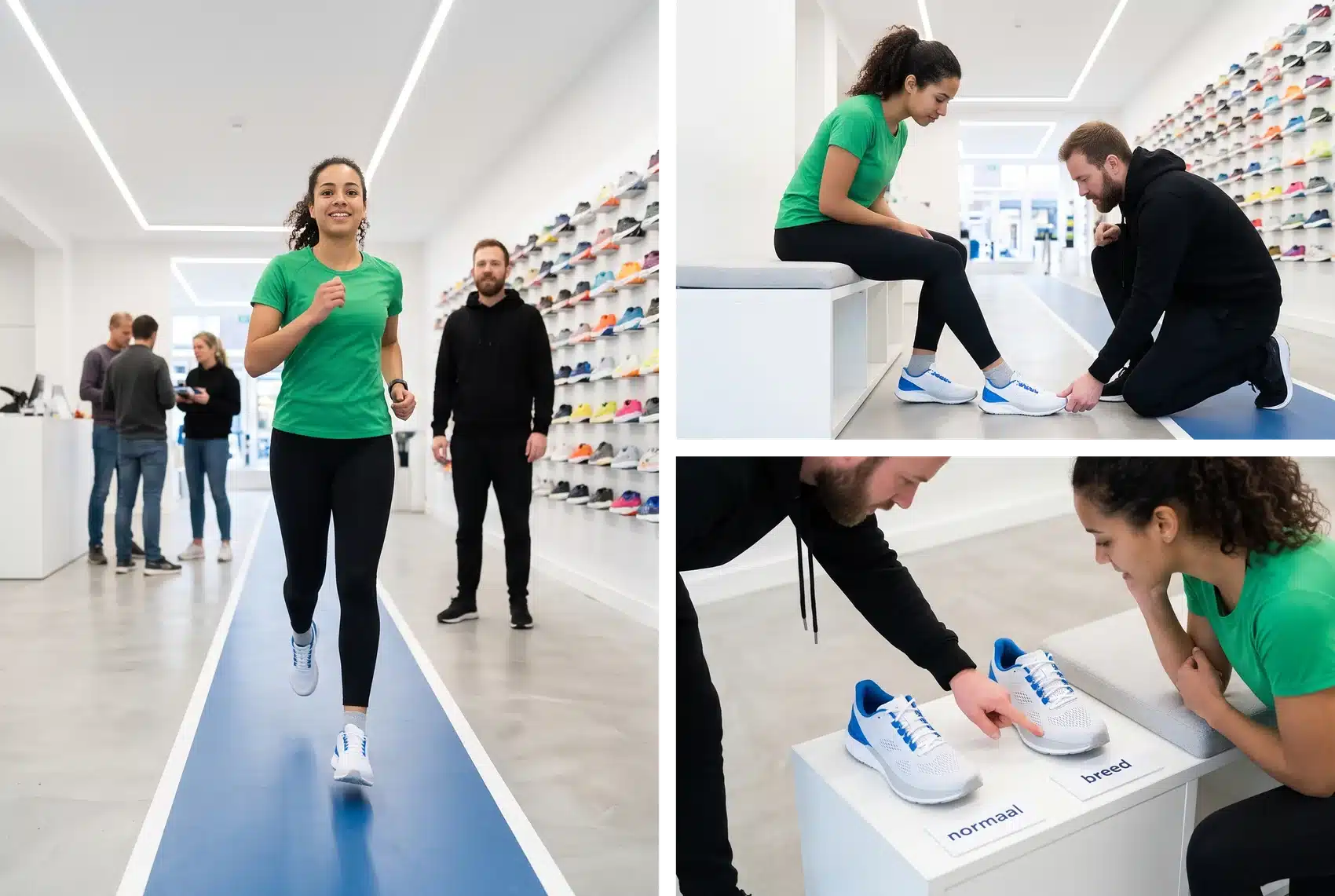 Een klant past de Nike Vomero Plus in een hardloopwinkel: ze loopt proef op de looplaan, de medewerker voelt bij haar tenen en laat de normale en de brede versie zien