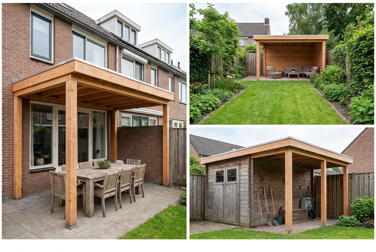 Drie overkappingen: aan de achtergevel van een rijtjeshuis, vrijstaand achter in de tuin en tegen een schuur