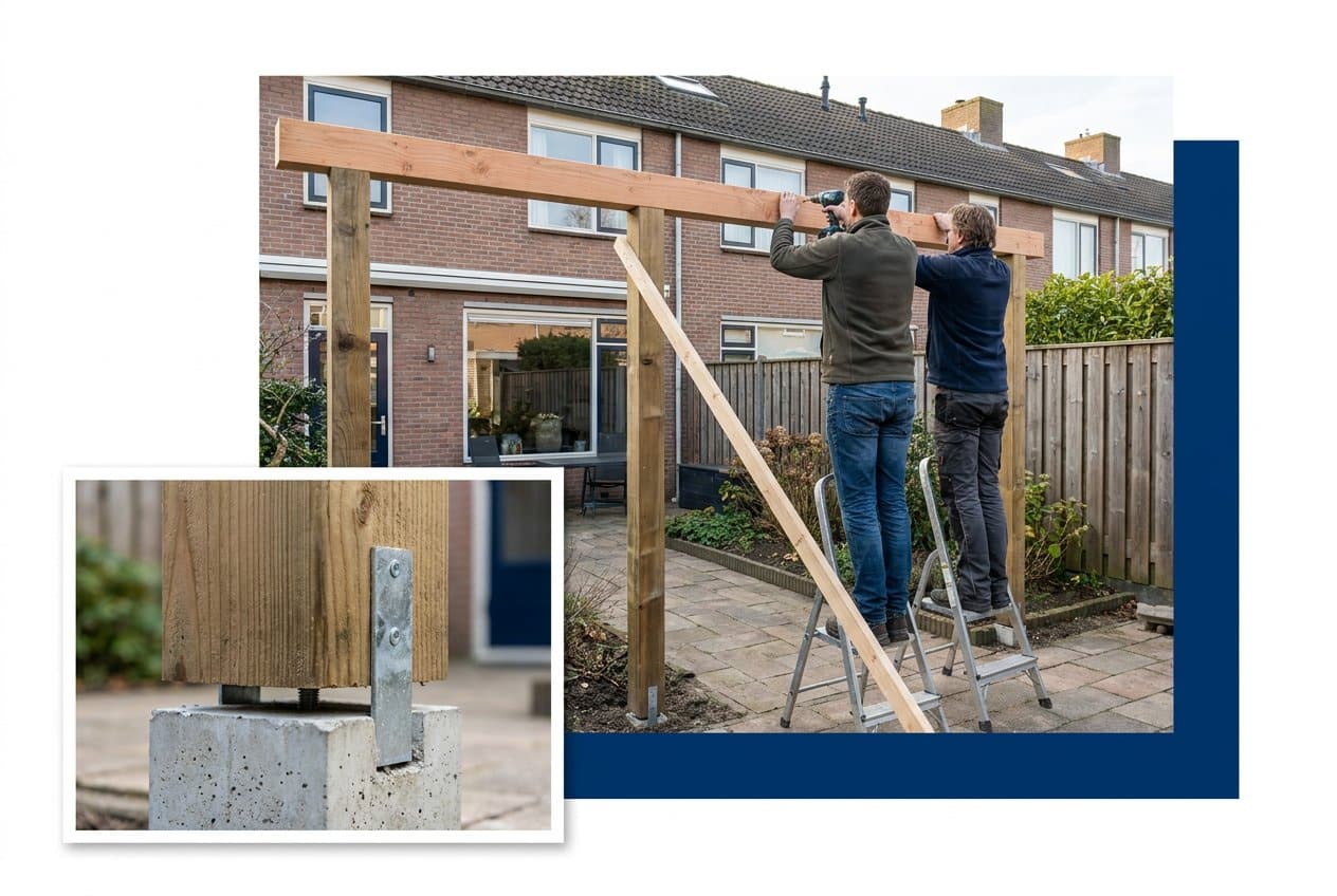 Twee mensen zetten een ringbalk vast op de staanders, en een paal op een betonpoer met een kleine ruimte ertussen