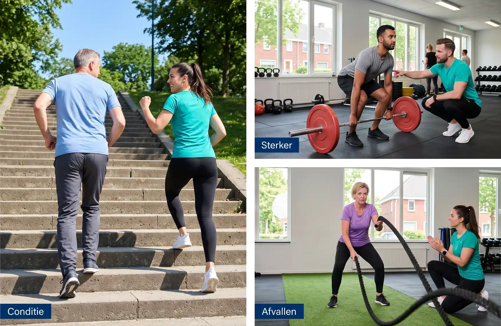 Drie doelen van personal training: conditie op een trap in het park, sterker worden met een deadlift en afvallen met battle ropes
