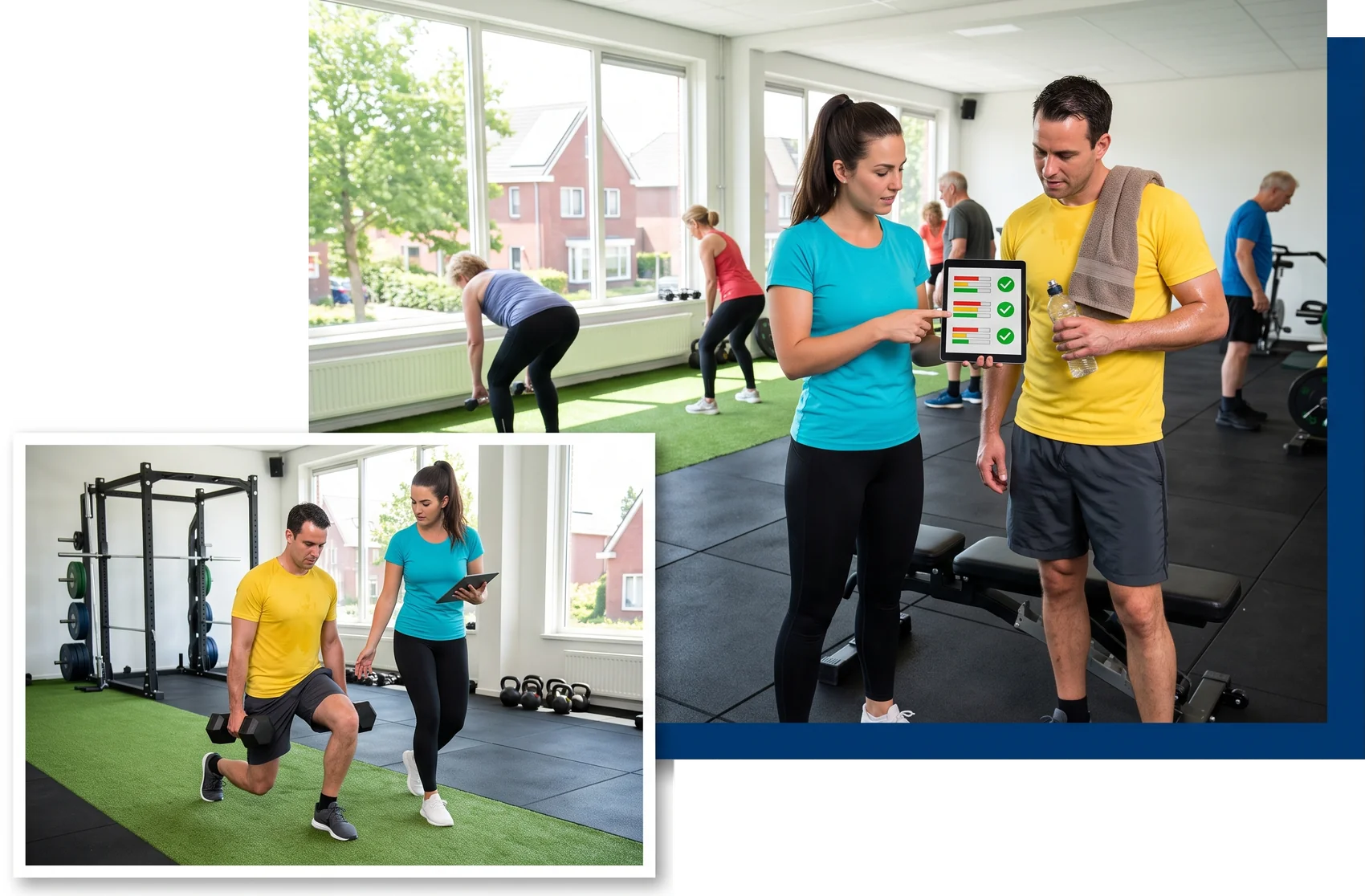 Personal trainer bespreekt tussen twee sets het schema op een tablet en kijkt mee bij lunges met halters