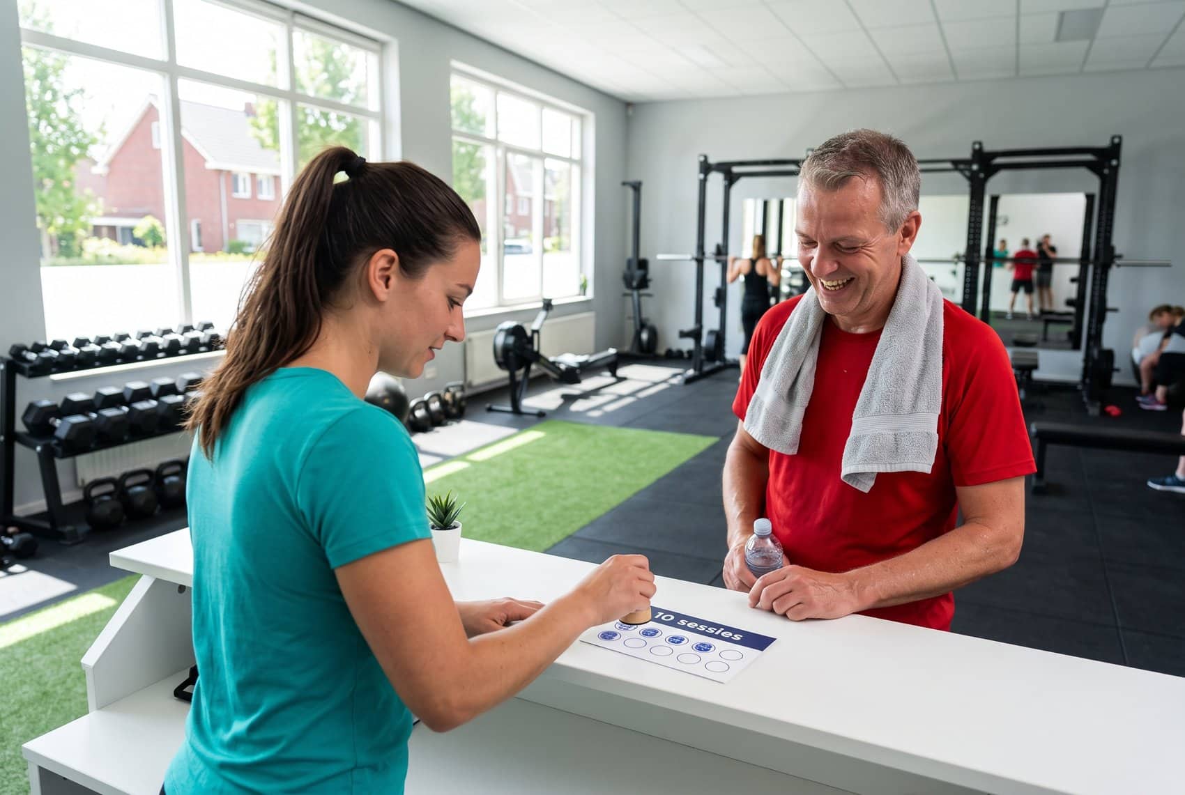 Personal trainer stempelt een strippenkaart voor tien sessies aan de balie van de sportschool