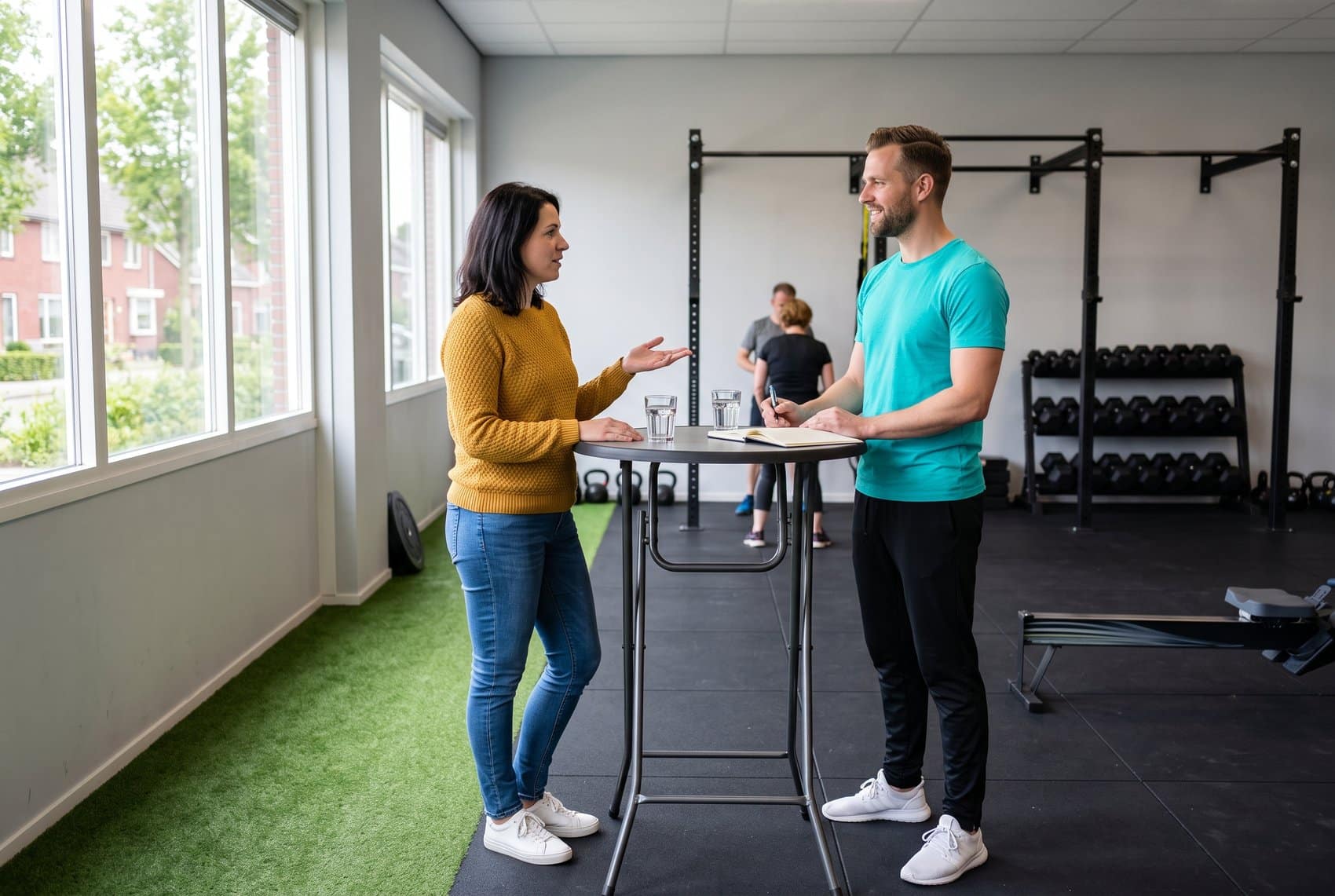 Kennismakingsgesprek met een personal trainer aan een statafel in de sportschool
