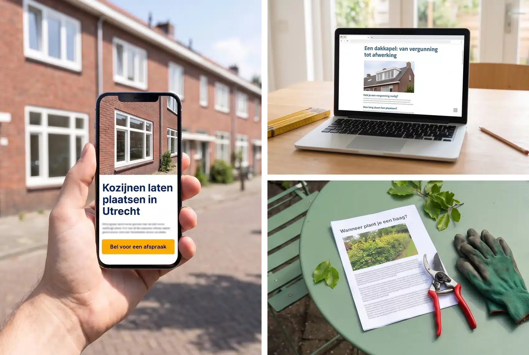 Drie SEO-teksten: de dienstenpagina Kozijnen laten plaatsen in Utrecht op een telefoon, een gids over een dakkapel op een laptop en de geprinte blog Wanneer plant je een haag?