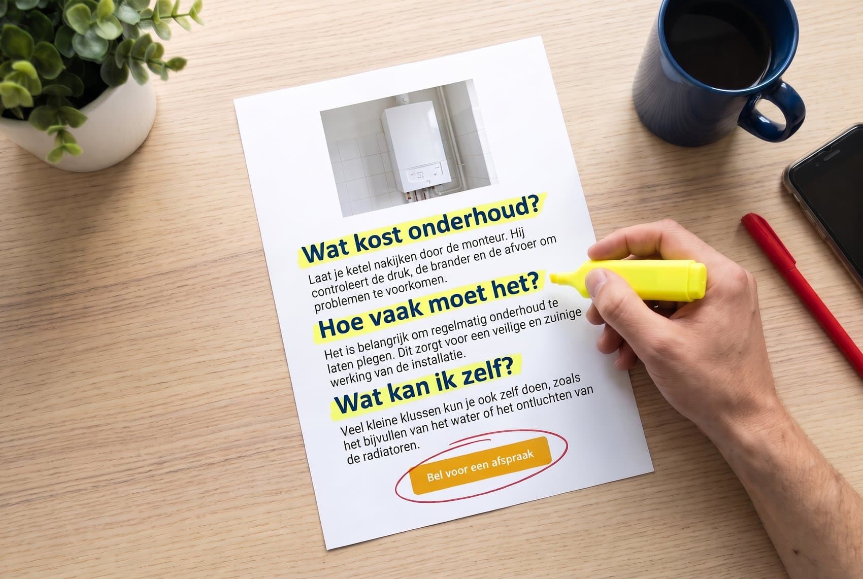 Geprinte blogpagina van een cv-monteur met de gemarkeerde vraagkoppen Wat kost onderhoud?, Hoe vaak moet het? en Wat kan ik zelf?, en onderaan Bel voor een afspraak