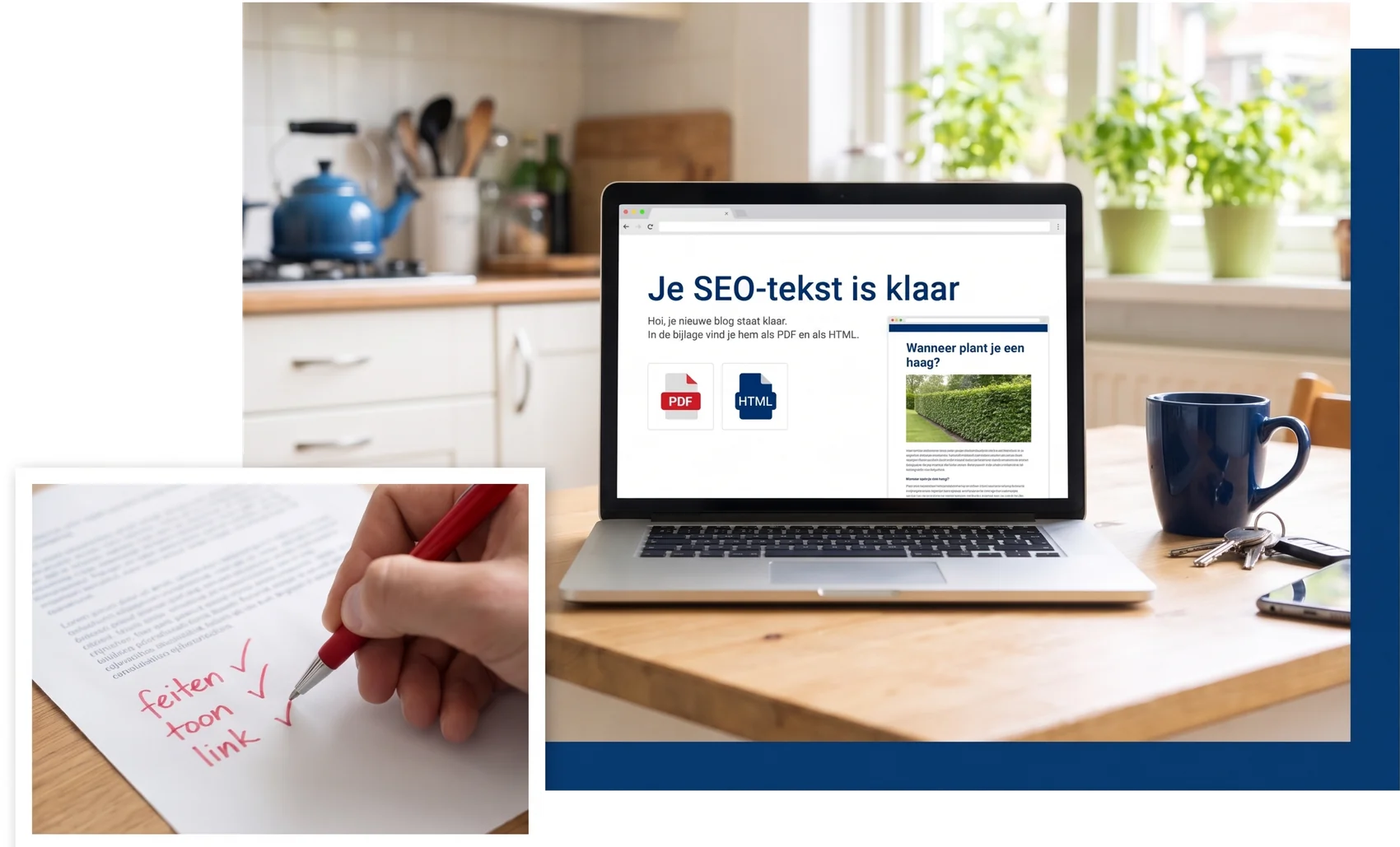 Een mens kijkt een geprinte tekst na op feiten, toon en link, en op een laptop de mail Je SEO-tekst is klaar met de tekst als PDF en HTML