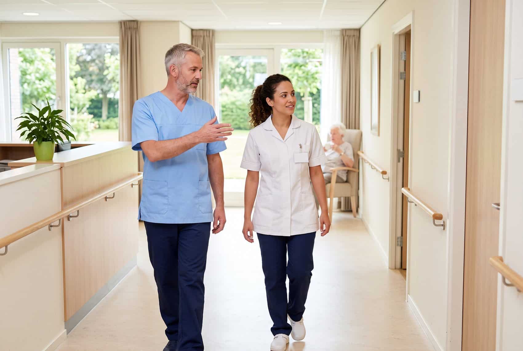 Zorgmedewerker wordt op haar eerste werkdag door de teamleider rondgeleid op een afdeling van een zorginstelling