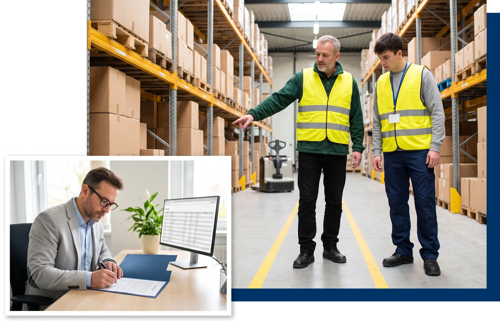 Leidinggevende wijst een nieuwe gedetacheerde de looproute in het magazijn, terwijl het bureau het contract en het loon regelt