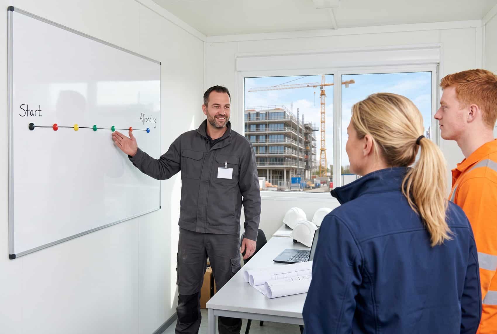 Gedetacheerde monteur legt in de bouwkeet de projectplanning van start tot afronding uit
