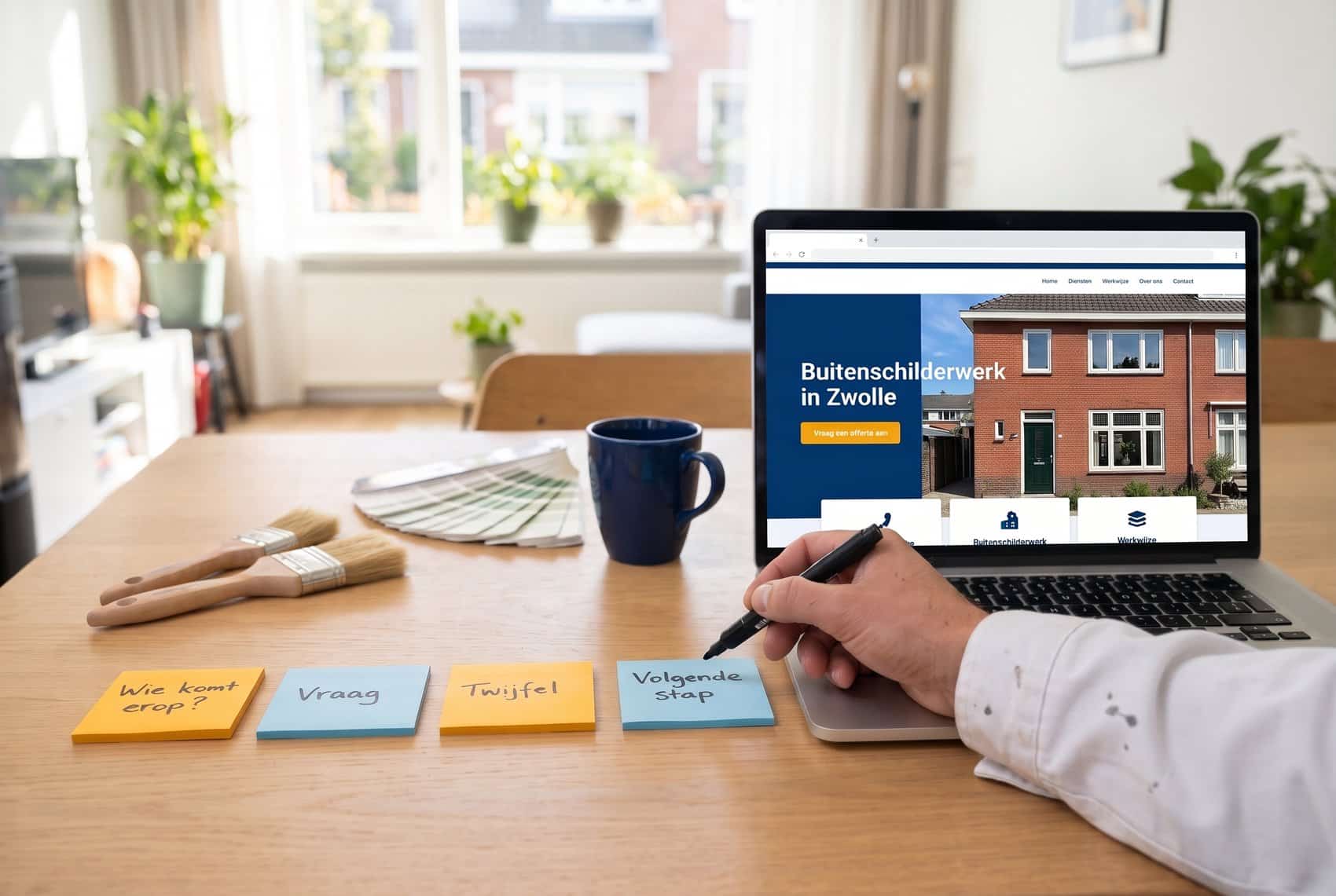 Schilder werkt aan de keukentafel aan de tekst van zijn website Buitenschilderwerk in Zwolle, met post-its: Wie komt erop?, Vraag, Twijfel en Volgende stap