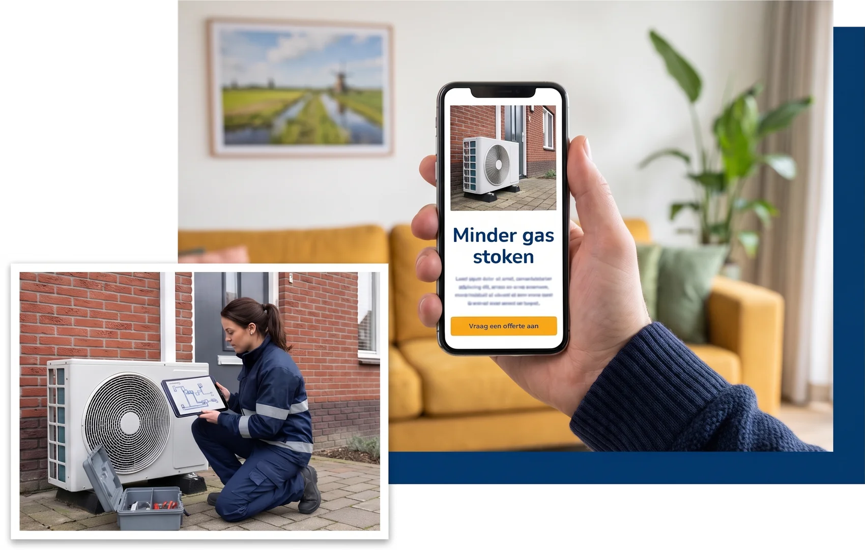 Op een telefoon de pagina Minder gas stoken met de knop Vraag een offerte aan, in de woorden van de klant; ernaast een installateur bij een warmtepomp