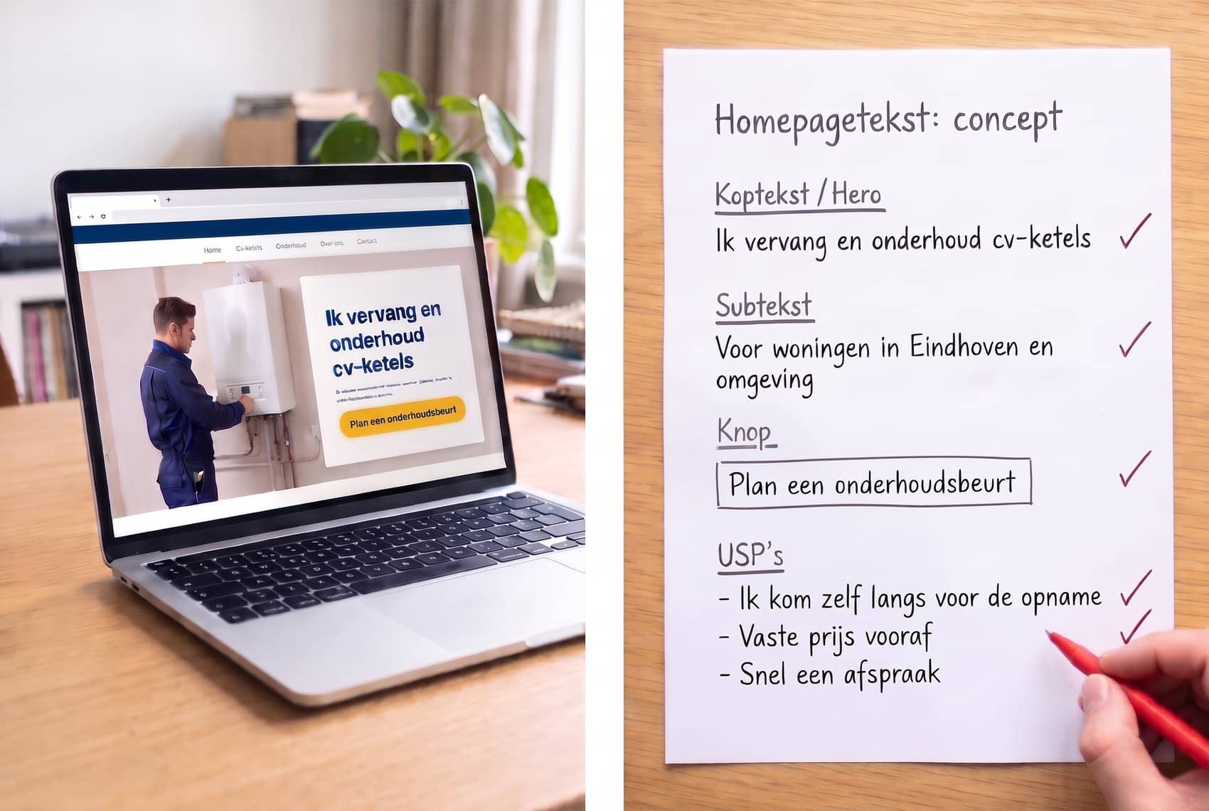 Laptop met de homepage Ik vervang en onderhoud cv-ketels, naast het concept van de homepagetekst met koptekst, subtekst, knop en USP's, nagekeken met een rode pen