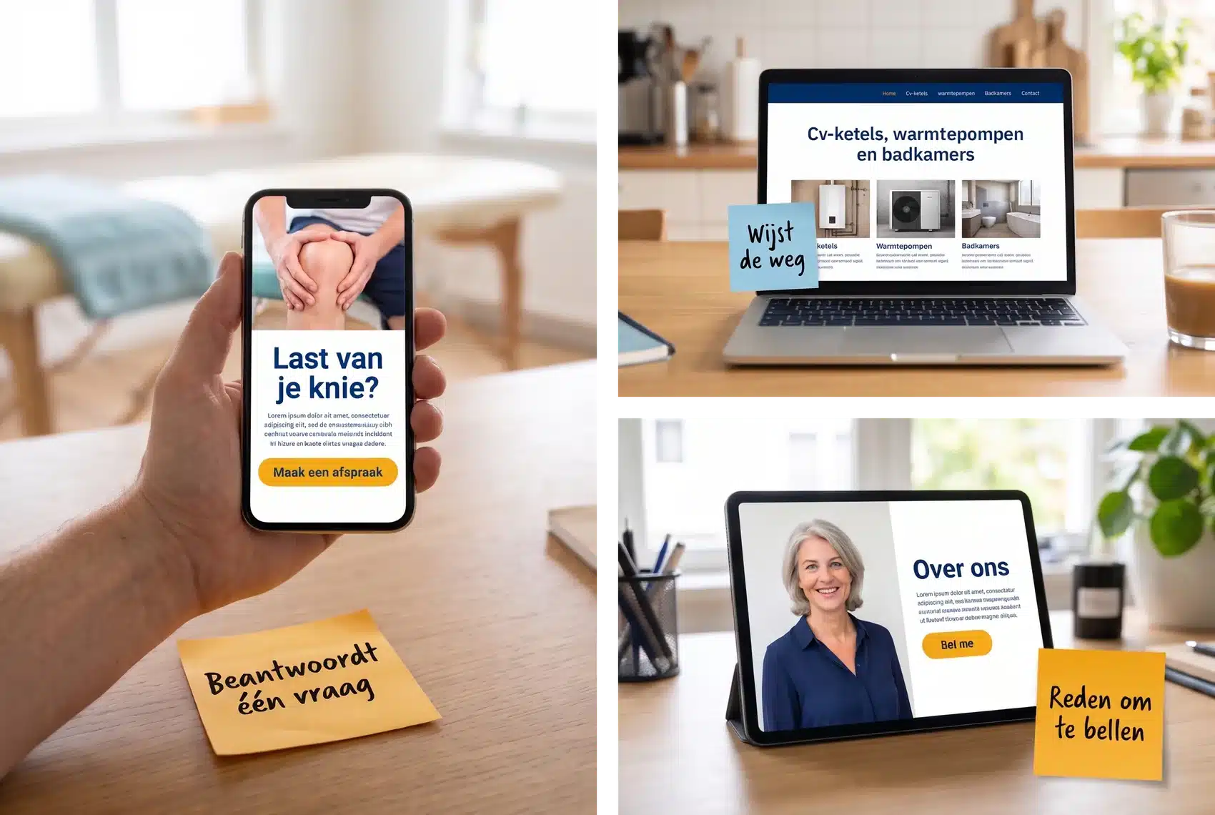 Drie pagina's met elk een taak: de dienstpagina Last van je knie? beantwoordt één vraag, de homepage van een installateur wijst de weg en de over-ons-pagina geeft een reden om te bellen
