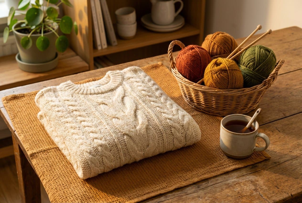Crèmekleurige wollen trui plat en in model op een okergele handdoek op een houten tafel, naast een mand met bollen wol