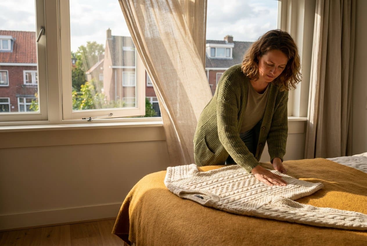 Vrouw legt een droge wollen trui plat op een bed bij een open raam om te luchten