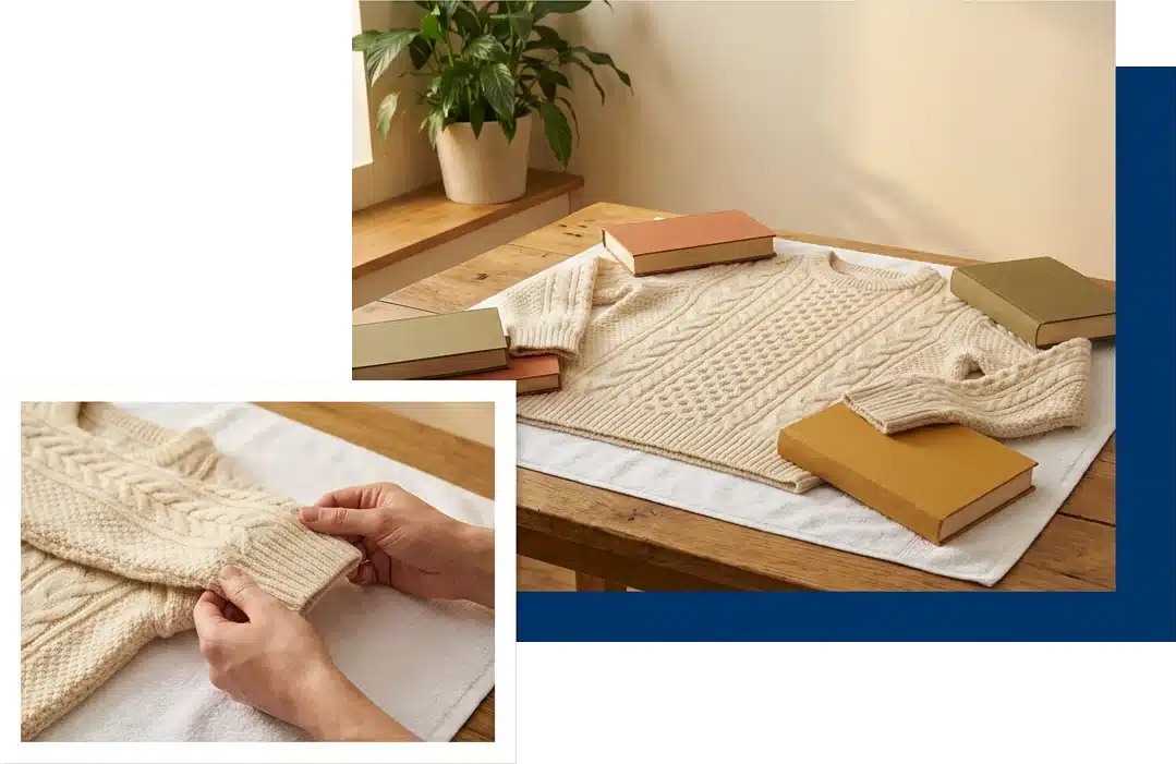Wollen trui in vorm getrokken op een witte handdoek met boeken op de hoeken, en handen die de mouw voorzichtig in vorm trekken